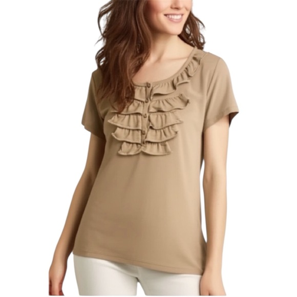 Ann Taylor Tops - Ann Taylor Ruffle Button Front Tan Short Sleeve Tee Size Large